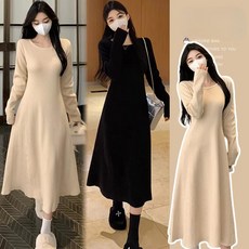 임부복 긴팔 니트 원피스 가을 프렌치 스타일 솔리드 컬러 라운드넥 드레스 데일리 웨어 편안한 착용감 간절기 코디 추천