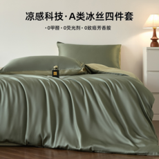 輕奢水洗真絲四件套 冰絲床單被套 夏季裸睡床上用品, 猫眼綠+原野【A類凉感冰絲-適合裸睡-拒絕悶汗】, 【三件套】學生宿舍專用【適用於150x200cm被芯】