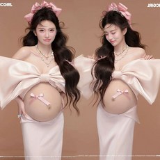 블랙 만삭 촬영 베이지 반목 화보 셀프 사진 임부복, 수박레드 상의 드레스