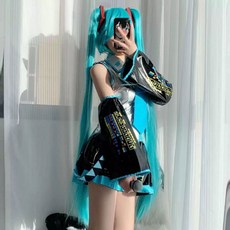 初音未來cos服 MIKU公式服 初音衣服 兒童cosplay動漫服装 台灣現貨, 原版漆皮套装+假发+发网,S(90-105斤), 1個