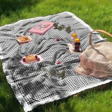 레이스 테두리가 달린 직사각형의 피크닉 담요 캠핑 해변 나들이 촬영 배경에 적합 1벌, 체크, 블랙
