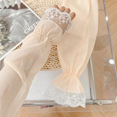 蕾絲冰袖 夏季袖套 防曬 透氣 寬鬆 戶外活動 開車 騎行 冰絲材質 舒適 女用+袖口蕾絲米白色+均碼, 1個, 均碼