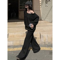 WEILI 女士斜肩長袖衛衣和高腰抽繩喇叭褲套裝，初鞦