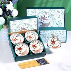 DFMEI 陶瓷碗筷餐具套裝米飯碗高腳碗青花碗保險公司活動禮品可, 1個, 一鹿相伴, 2碗2筷套裝(40套/箱)