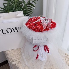 夏日花憶香皂花玫瑰花束永生花diy材料節慶禮品三八節母親節禮物, 19朵白色仙女紗摯愛紅玫瑰花束送燈禮袋 1個
