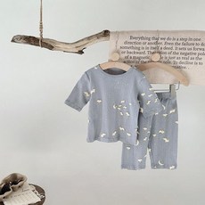 夏款兒童睡衣 丹麥風 寶寶家居服 七分套裝 空調睡衣 提花全棉, 1個, 藍色碎花,73cm