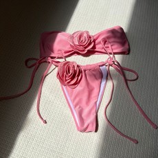 歐美新款純色玫瑰抹胸抽繩綁帶分體泳衣比基尼