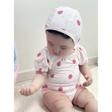 로이앤한나 딸기 여아 여자아기 셔링 반팔 원피스 수영복 수모 세트 북유럽풍수영복