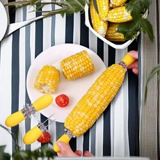 防燙玉米隔熱鋼叉 不鏽鋼兒童水果叉 歐式燒烤叉子, 1個, 喫玉米不燙手-黃色2對共4個-玉米隔熱鋼