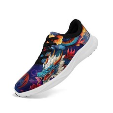 Coolcustomize 남성용 드래곤 골프화 운동용 스파이크리스 골프 스니커즈 미끄럼 방지 쿠션 방수 워킹화 여성용 블랙-퍼플. 10.5 여성/9 남성