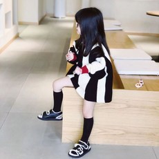 小不點兒 女童秋冬紅邊撞色針織毛衣 韓系條紋長款上衣