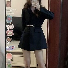 Yellwell블랙 슬림핏 자켓 원피스 여성용 허리라인 강조 긴팔 미니 원피스 오피스룩 하객룩mxl