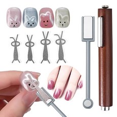Clcyricher 네일 마그넷 3WAY 6점 세트(캣아이용) 다기능 네일 아트 툴 목재 자석 펜 + 토끼 모양 철제 몰드 포함 DIY 젤네일 강력 셀프네일 3D 귀여운 디자인 가