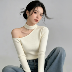 Soolink 여성 홀터넥 니트티 오프숄더 상의 부드러운 골지 긴팔 루즈핏