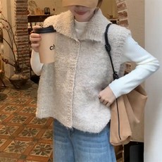 원형 실 조끼 대학 스타일 니트 민소매 하이넥 스웨터 조끼