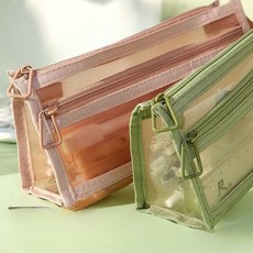 유니보르 삼각 메쉬 투포켓 필통 천 펜 파우치 투명 대학생 펜케이스 파우치필통, 올리브, 1개