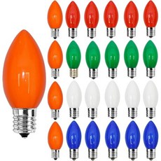 전구 실내용 컬러 크리스마스 25팩 C9 멀티컬러 전구 야외 파티오 스트링 조명용 교체 7W 백열등 야간 C9/E17 중간 베이스 120V, Multicolor