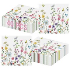 봄 꽃 냅킨 33 x 33cm(13 13인치) 40개 - 야생화 나비 파티 냅킨 3겹 칵테일 일회용 종이 핸드 타월 세트 부활절 생일 잡초 티 용품 장식용 165234, Floral