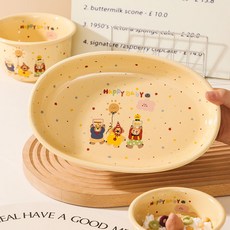 可愛卡通碗碟套裝 家用陶瓷碗筷盤 飯碗麵碗 雙耳釉下彩奶油風餐具, 1個, happy baby餐具,【湯勺】