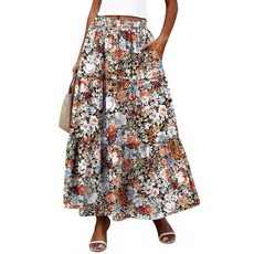BELL 벨coco 여성용 롱 스커트 맥시 여름 스윙 티어드 A라인 신축성 있는 하이 웨이스트 보헤미안 하늘거리는 포켓 포함 커피 꽃 L 231733