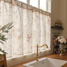 RoomTalks Boho 꽃무늬 주방 밸런스 길이 45.7cm(18인치) x 너비 132cm(52인치) 조명 필터링 모던 팜하우스 보태니컬 빈티지 시크 리넨 태슬 커튼 밸