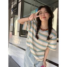 小蘭優購 短袖T恤 休閒復古條紋寬鬆正肩 學院風女生T恤 圓領短版上衣