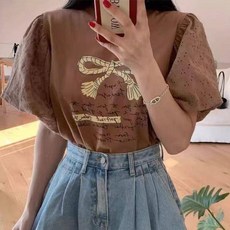 雪莉小姐服飾 公主蓬蓬袖蝴蝶結印花t, 咖, 1個