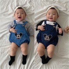 봄 가을 베이비 미키청멜빵슈트 돌전 돌후 신생아옷 둥이룩 아기촬영어린이집등원룩 인스타패션 둥이커플룩 유아선물