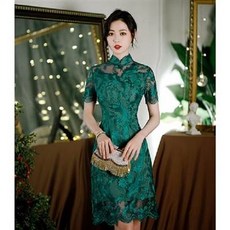 綠色蕾絲改良式旗袍連身裙, 蕾絲復古綠色旗袍, 1件