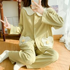 히든 수유 산후조리 봄여름 면 임산부 잠옷 여성 홈웨어 세트