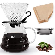 FGIUKC 커피 서버 내열 유리 플라스틱 랙 커피 드리퍼 600ml 눈금 포함 2~4인용 커피 드립 기구 뚜껑 포함 유리 손잡이 핸드 드립 커피 서버 카페 다방, 상세페이지 참조, 1개, 1ml