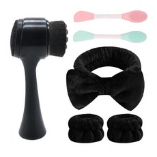 수동 페이셜 클렌징 브러시 투인원 스킨 케어 페이스 헤드밴드 손목 밴드 세트 마스크 2개 6개 그라데이션 퍼플 236820, 블랙+블랙
