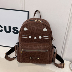 貓咪造型黑色豹紋雙肩背包, 咖色, 1個