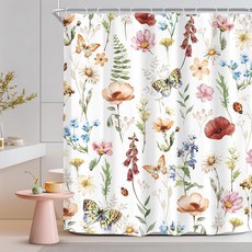 Riyidecor 빈티지 야생화 꽃무늬 샤워 커튼 욕실 장식용 너비 152.4cm x 높이 182.9cm 꽃 시골 나비 식물 허브 멀티컬러 아트 프린트 원단 폴리에스터 방수 1