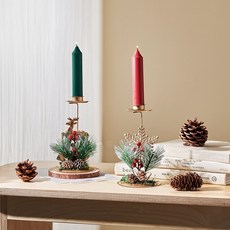 페페무드 크리스마스 골드 장식 촛대 + 미니 테이퍼 캔들 2종 세트, 레드 + 그린
