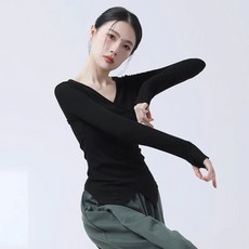 여성 현대무용복 긴소매 슬림핏 크로스오버 V넥 무용의상 성인 발레 연습복 난타 공연복 드레스 스타일 몸매보정 무용복, 블랙