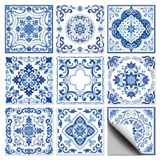 PVC 타일 시트지 세트 다양한 패턴 방수 주방 욕실 리폼 장식 10x10cm 9가지 다른 디자인 1세트 총 36개, 청화자기