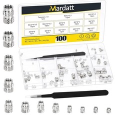 Mardatt 100피스 M2 M2.5 M3 M4 M5 M6 스레드 인서트 키트 황동 암나사 조합 미터법 널링 너트 열 플라스틱 및 3D 프린팅 부품용