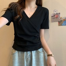 여자 브이넥 크로스 랩 셔링 반팔티 밑단 라운드