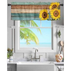[ 1133597 ] 창문용 주방 밸런스 컨트리 해바라기 수채화 꽃무늬 밸런스 커튼 봉 포켓 농장 레트로 우드 보드 짧은 창문 토퍼 침실 욕실 거실용 137.2 x 45.7
