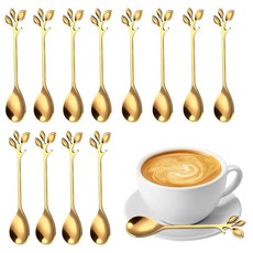 디저트 스푼 12.4cm(4.9인치) 우아한 실버 크리에이티브 리프 미니 스테인리스 스틸 에스프레소 및 식기 티 커피 스푼 설탕 아이스크림 케이크 젓기용 (골드), 골드 & 12개
