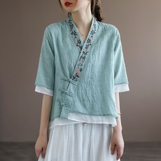 ORZQU 여름 개량한복 상의 스트링 자수 칠부 소매 생활한복 면마 셔츠