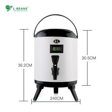 스테인레스 스틸 밀크티 절연 버킷 상업용 대용량 콜드 더블 레이어 두유 음료 온도계 차 음료 절연 버킷, 온도계가 있는 6L 흰색