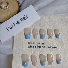 Portia Nail 手工穿戴甲片 立體珍珠法式設計 裸感清透風格, 1個, 淡藍法式（短梯20mm,S