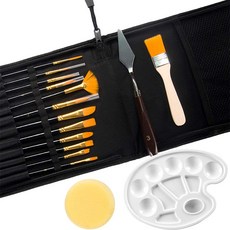 16 PC 페인트 브러쉬 세트 12 크기의 그림 브러시 팔레트 나이프 스폰지 및 오일 트레이 아크릴 수채화 물감, 하나, 블랙 & 브라운 & 옐로우, 1개