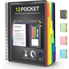 12 포켓 프로젝트 정리함 끈적끈적한 라벨이 있는 Forvencer 1/6컷 탭 바인더 지퍼 파우치가 멀티 폴더 폴더 나선형 노트북 사무용품 편지 크기 블랙, Antique Green, 1개