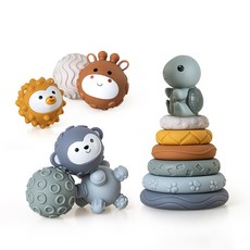 臺灣出貨 嬰幼兒手抓球玩具 軟膠方塊積木疊疊圈 捏捏手感球 堆疊玩具, 烏龜疊疊樂手感球套裝（13PCS)盒裝, 1個