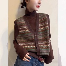 여성 노르딕 조끼 여자 에스닉 베스트 복고풍 레트로 니트 스웨터 브라운 갈색