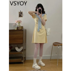 vsyoy 대형 라이트 옐로우 어깨 반팔 배 덮개 2026 여름 새로운 도착 통통한 소녀를위한 대형 슬림 핏 원피스