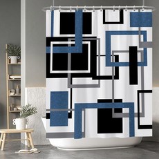 Baocicoo 모던 기하학 샤워 커튼 세트 블랙 화이트 블루 욕실 사각형 추상 미니멀리즘 목욕 방수 내구성 후크 포함 91.4 x 182.9cm(36 72인치), 네이비 블루
